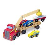 Melissa & Doug Magnetic Car Loader Wooden Toy Set With 4 Cars and 1 Semi-Trailer Truck | Crane Wooden Toy, Vehicle Toys For Kids Ages 3+ Red