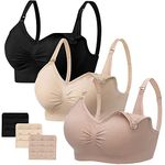 Angelhood Womens Seamless Sleep Nursing Bra,Breastfeeding Maternity Bra with Remove Bra Pads Extenders Pack of 3, Black/Beige/Lightpink, Large