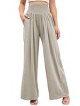 Famulily Women Wide Leg Dressy Pants High Waisted Elastic Solid Casual Comfy Cotton Long Length Palazzo Lounge Yoga Trousers Khaki S