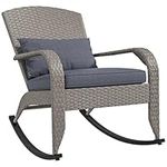 Outsunny Outdoor Wicker Adirondack Rocking Chair, Patio Rattan Rocker Chair with High Back, Seat Cushion and Pillow for Garden, Porch, Balcony, Grey