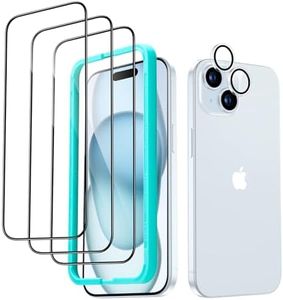 ESR Protector Pantalla iPhone 15 Plus Set, 3 Protector Pantalla Cristal Templado y 1 Set Protector Individuales Lentes, Bordes Curvos 2.5D, Grado Militar, Cobertura Total, Resistente Arañazos