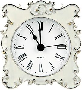 (White) - NIKKY HOME Pewter Pretty Small and Cute Table Clock Bedside with Quartz Analogue Crystal Rhinestone 7.6cm Desk and Shelf for Living Room Bathroom Decoration, White Enamel