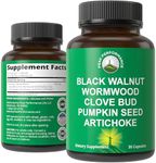 Wormwood Black Walnut Clove Cleanse for Humans. Elimination Detox + Intestinal Support Capsules Supplement for Adults and Kids. Pills with Artichoke and Pumpkin Seed for Additional Benefits