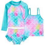 Belovecol Girls Swimming Costume 3 Piece Swimsuit, Kids Swimwear Multicoloured Blue Mermaid Printed Swim Suit Age 6-7 Years