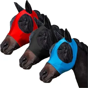 FOXLVDA 3 Pcs Horse Fly Mask with Ears, Breathable Elastic Fabric for Sun Protection for Medium/Large Size Adult Horses (Red-Black-Blue)
