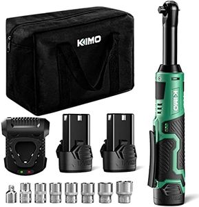 KIMO 3/8" Extended Electric Ratchet Wrench Set, 40 Ft-Lbs 400 Rpm 12V Cordless Ratchet Wrench w/ 2-Pack 2.0 Ah Batteries, 1 Hour Fast Charger & 8 Sockets, Power Ratchet w/Variable Speed & LED Light