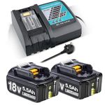Replacement for Makita 18v Batteries: 2x 5.5Ah Battery and 1x DC18RC Charger Compatible with BL1860 BL1860B BL1850 BL1850B BL1840 BL1830 BL1820 LXT400 DC18RA DC18RC DC18RD