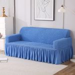 HOKIPO Elastic 3 Seater Turkish Bubble Sofa Frill Slipcover, 280 GSM, Sky Blue (AR-4604-B4)