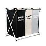 Laundry Cloth Hamper Sorter Basket Bin Foldable 3Sections with Aluminum Frame Washing Storage Dirty Clothes Bag for Bathroom Bedroom Home Storage basket (Black + White+Gray)