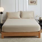 Simple&Opulence Double Fitted Sheet,35 Deep Pocket Bed Sheet Double,55% Linen 45% Cotton,Breathable Soft Bottom Sheet,137x190cm,Beige/Linen