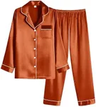 Ekouaer Women Satin Pajamas Set Classic Button Down Long Silk Pjs Set,XX-Large,Caramel