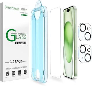 [2+2 Pack] amFilm OneTouch for iPhone 15 Plus 6.7 inch Glass Screen Protector Guard with Camera Lens Protector. Easiest to Installation, Bubble Free, Case Friendly