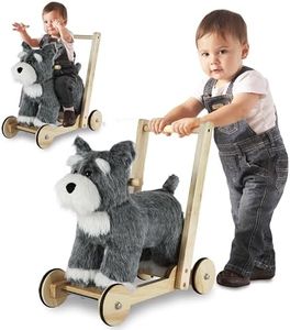 Rock My Baby Wooden Baby Walker, 2-in-1 Baby Push Walker & Ride On Toy for Toddlers 12M+, Learning to Walk Toy with Sweet Music, Soft Cuddly Dog Toy for Boys Girls (Schnauzer Dog) CPC Certified