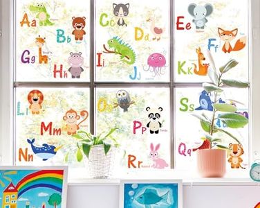 Whaline 9 Sheet Alphabet Letters Window Clings Cartoon Animals ABC Window Decal Double-Sided Colorful Letter Words Window Decor for Preschool Classroom Playroom Nursery Decorations