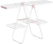 SONGMICS Clothes Drying Rack, Foldable 2-Level Laundry Drying Rack, Free-Standing Large Drying Rack, with Height-Adjustable Wings, 33 Drying Rails, Sock Clips, White and Pink ULLR053P01