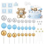 41 PCS Bear Cake Decoration, Teddy Bear Cake Decorations Mini Balls Cake Toppers, BABY Letter Cupcake Toppers Blue Gold White Foam Balloon Pearl Ball for Baby Shower Birthday Party Supplies