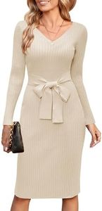 Newshows Womens 2024 Fall Sweater Dress Long Sleeve V Neck Business Casual Teacher Outfits Belted Dresses(Apricot,M)
