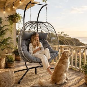 DAYARUS Double Egg Chair Outdoor, Foldable Egg Swing Chair with Stand, Braid Rope Rattan Hanging Chair, Metal Nest Rocking Basket, Oversized Outdoor Chair with Waterproof Cushion for Balcony, Grey
