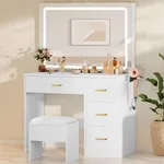 YITAHOME LED Lighted Vanity Set with Ample Storage, Integrated Power Strip, 4 Drawers Makeup Vanity and Cushioned Stool for Bedroom