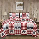 Market & Place 2 Piece Reversible Quilt Set with Sham | Twin Cabin Comforter Set | Rustic Bear Buffalo Check Lodge Bedding | Orson Collection (Twin, Burgundy/Grey)