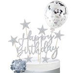 iZoeL Sliver Cake Decoration Confetti Balloon Cake Topper Sliver Happy Birthday Cake Topper Stars Heart Cupcake Topper for Women Man Boys Girls (silver)