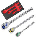 UYECOVE Ratchet Set 3PCs-1/4 Drive Ratchet, 3/8" Drive Ratchet, 1/2" Drive Ratchet, Socket Wrench Set, Ratchet Set-Colorful Ratchet Wrench Set 72-Tooth Reversible Quick-Release with XIPE Storage Tray