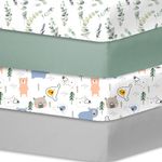 Bimocosy 4 Pack Cot Sheets,100% Microfiber- Breathable, 120 x 60cm Cozy and Lightweight Cot Fitted Sheets, Leaves, Bear, Winter Green, Gray Print,Oeko-tex100