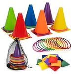 HOMEE 31 PCS Bean Bag Toss Game and Ring Toss Game for Kids & Adults,3 in 1 Carnival Games Set with Soft Plastic Cones,Colorful Rings,Bean Bags and Storage Bag, Birthday Party Outdoor Games for Family