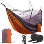 HACER Portable Outdoor Camping Hammock with Mosquito Net & Carabiner Nylon Windproof Hanging Swing for Hiking Backpacking - Orange & Grey