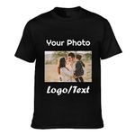 Personalised T-Shirts for Men Adults Customised Short Sleeve Tee Shirts with Photo/Logo, Add Your Own Message/Text/Name, Black, S