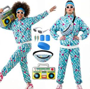 Women's 80s 90s Tracksuit Costume Accessories Set Color Block Sportswear Retro Windbreaker Outfits Fanny Pack Hip Hop Accessories Greenish Print XL