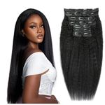 18 Inch Kinky Straight Clip in Hair Extensions Real Human Hair Yaki Straight Clip ins Full Head Brazilian Remy Human Hair Clip in Extensions for Black Women Natural Black 8Pcs 100g 20 Clips