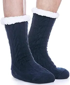 EBMORE Mens Slipper Fuzzy Socks Winter Cozy Fluffy Cabin Warm Fleece Soft Comfy Thick Non Slip Christmas Home Stocking Stuffer (Dark Blue)