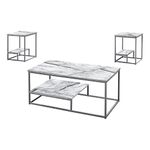 Monarch Specialties I 7963P Table Set, 3pcs Set, Coffee, End, Side, Accent, Living Room, Metal, Laminate, White Marble Look, Grey, Contemporary, Modern