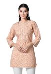 LIBOZA Short Kurti for Women for Jeans, Pure Cotton Kurtis for Ladies, Jaipuri Round Neck Women's Tunic Design Kurta, Fancy Top Floral Kurtas & Tunics for Woman (in, Alpha, S, Regular, Orange)