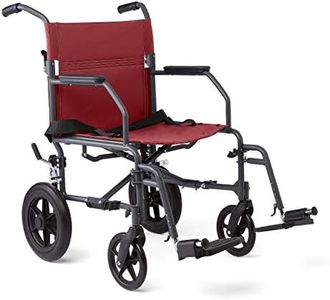 Medline Durable Folding Steel Transport Wheelchair with 12-Inch Wheels, 19-Inch Seat Width, Gray Frame, Microban, Burgundy Upholstery