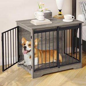Hzuaneri 81cm Cage pour Chiens, Table d’Appoint, Niche Moderne pour Chiens, Cage pour Chiots, Maisonnette pour Animaux, 2 Portes, 55 x 81 x 67,5 cm, Ivoire Clair DFC83605B