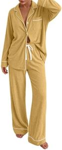 LILLUSORY Women's Long Sleeve Pajama Set - Soft Button-Down Top & Comfortable Drawstring Pants with Pockets Yellow M