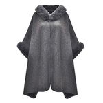 ZLYC Women Winter Fashion Faux Fur Trim Layers Hooded Cardigan Warm Cape Sweater Cloak (Grey)
