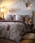 DUVET COVER BED SETS - TARTAN STAG REVERSIBLE BEDDING CHECKED QUILT COVER BED SET - Natural shades (Double)