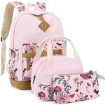 Leaper Floral Canvas School Backapck for Kids Girls Daypack Bookbag Lunch Bag Purse 3 in 1 Pink