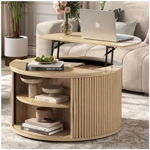 JOINICE 31.5" Round Lift Top Coffee Table,Natural Oak Modern Fluted Drum Center Table with Hidden Storage, Japandi Scandi Wood Circle Desk for Boho Living Room & Apartment