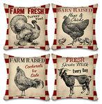 Faromily Vintage Farmhouse Animals Pillow Covers Red Buffalo Plaids Farm Fresh Turkey Hens & Chicks Goats Cotton Linen Throw Pillow Case Cushion Cover 18" X 18" Set of 4 Farmhouse Decorations (Red)