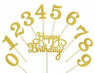 SVM CRAFT® Gold Glitter 0-9 Cake Topper and Happy Birthday Cake Topper for 18th-21th-30th-40th-50th-60th-70th-80th-90th Birthday Party Decoration Supplies of Set 21