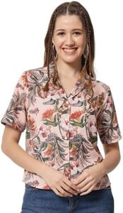 angloindu Women's Regular Fit Shirt/Floral Print Button-Down Shirt, Short Sleeves, Viscose Blend