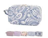 Small Makeup Bag for Purse Toiletry Bag Travel Wash Bag Mini Cosmetic Bag Zipper Pouch for Women (Blue Leaf, Small)