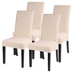 SearchI Dining Room Chair Covers Set of 4, Stretch Jacquard Parsons Chair Slipcovers Super Fit Removable Washable Kitchen Chair Protector Cover for Dining Room, Hotel, Ceremony (Pure Beige)