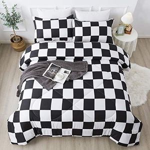 Andency Black White Plaid Comforter King(104x90Inch), 3 Pieces (1 Plaid Comforter and 2 Pillowcases) Black White Checkerboard Comforter Set, Lightweight Microfiber Geometric Bedding Comforter Set