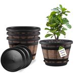 Quarut Plant Pots Set of 4 Pack 12 inch,Large Whiskey Barrel Planters with Drainage Holes & Saucer.Plastic Flower Pots Imitation Wine Barrel Design,Canbe for Indoor & Outdoor Garden Home Plants.