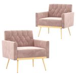 KOMFOTT Velvet Accent Chairs Set of 2, Modern Tufted Armchair with Golden Metal Legs & Adjustable Foot Pads, Upholstered Sofa Chair, Comfy Reading Chair, Living Room Chairs for Bedroom, Pink